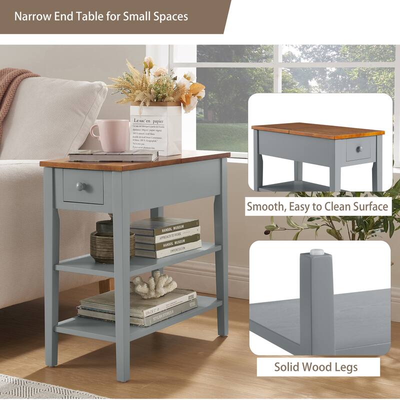 Narrow 2tone End Table with USB Charging Ports for Small Space, SOLID